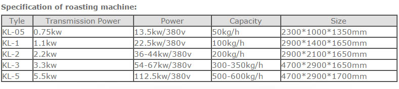 Specification of roasting machine